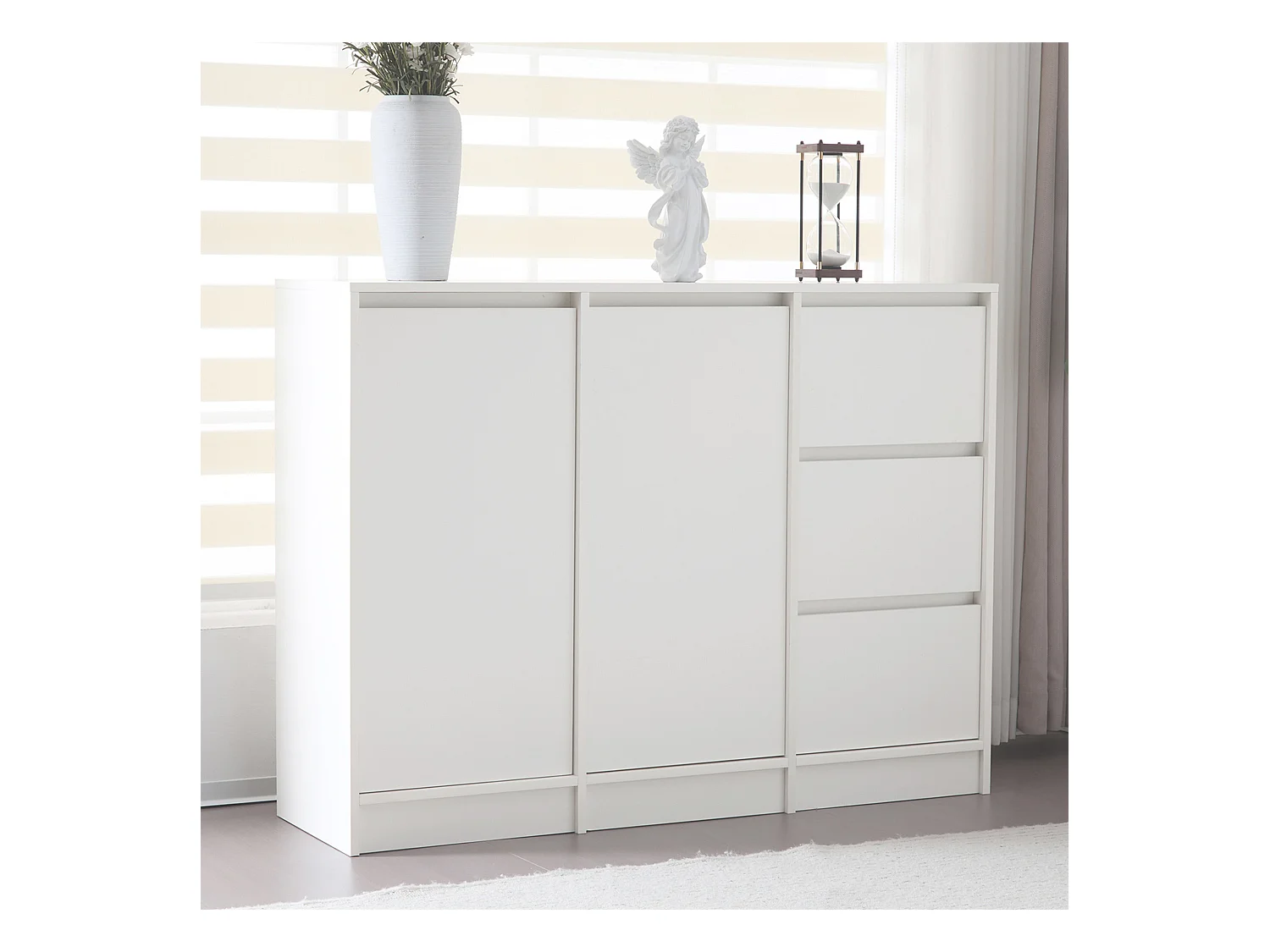 Meuble à chaussures moderne avec grand espace de rangement, 2 portes et 3 tiroirs, étagère réglable, blanc (120x35x90 cm)