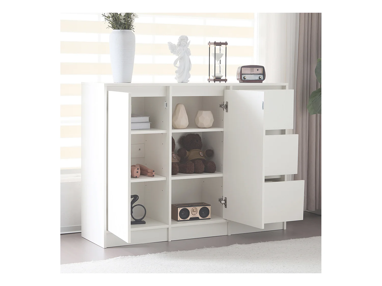 Meuble à chaussures moderne avec grand espace de rangement, 2 portes et 3 tiroirs, étagère réglable, blanc (120x35x90 cm)