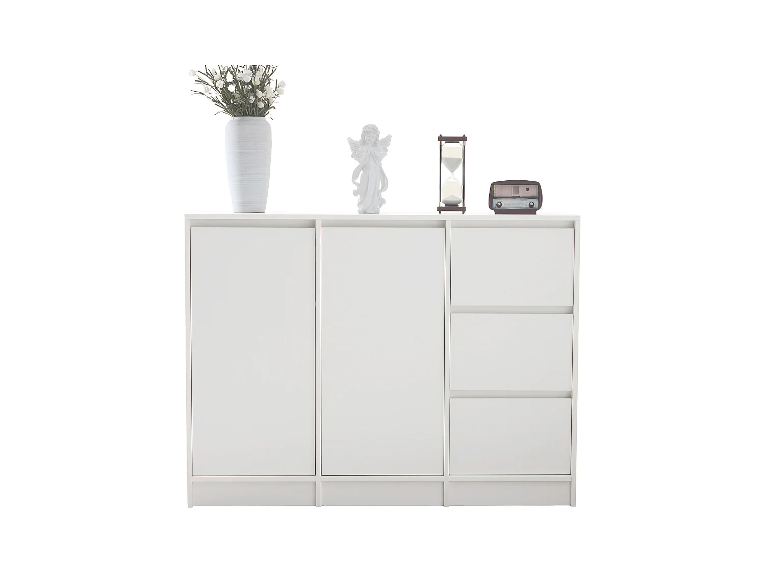 Meuble à chaussures moderne avec grand espace de rangement, 2 portes et 3 tiroirs, étagère réglable, blanc (120x35x90 cm)