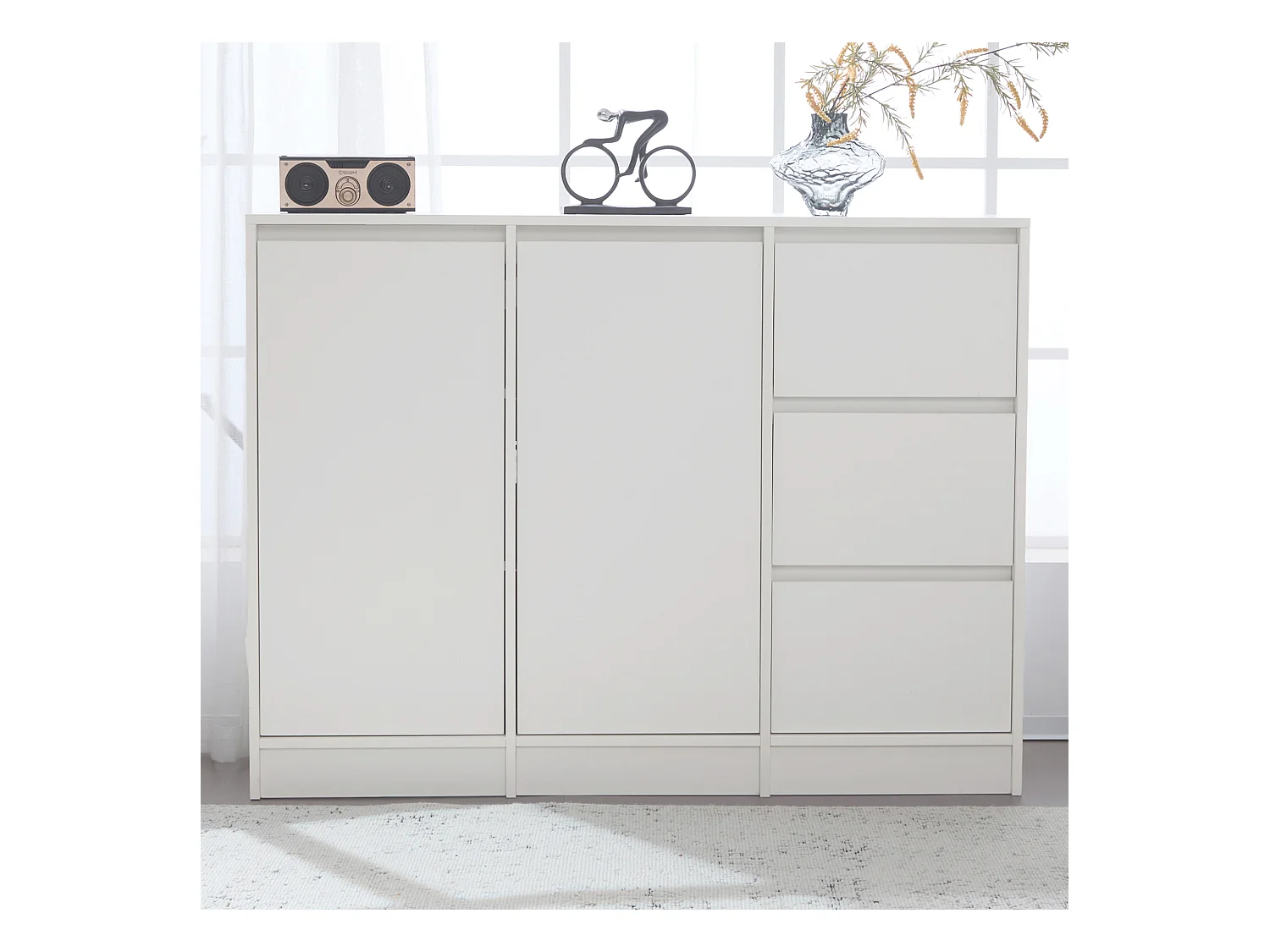 Meuble à chaussures moderne avec grand espace de rangement, 2 portes et 3 tiroirs, étagère réglable, blanc (120x35x90 cm)