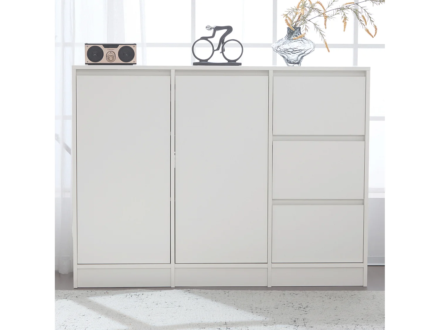 Meuble à chaussures moderne avec grand espace de rangement, 2 portes et 3 tiroirs, étagère réglable, blanc (120x35x90 cm)