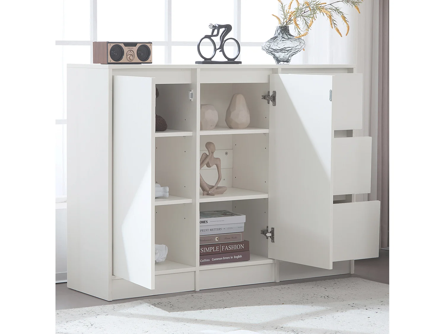 Meuble à chaussures moderne avec grand espace de rangement, 2 portes et 3 tiroirs, étagère réglable, blanc (120x35x90 cm)