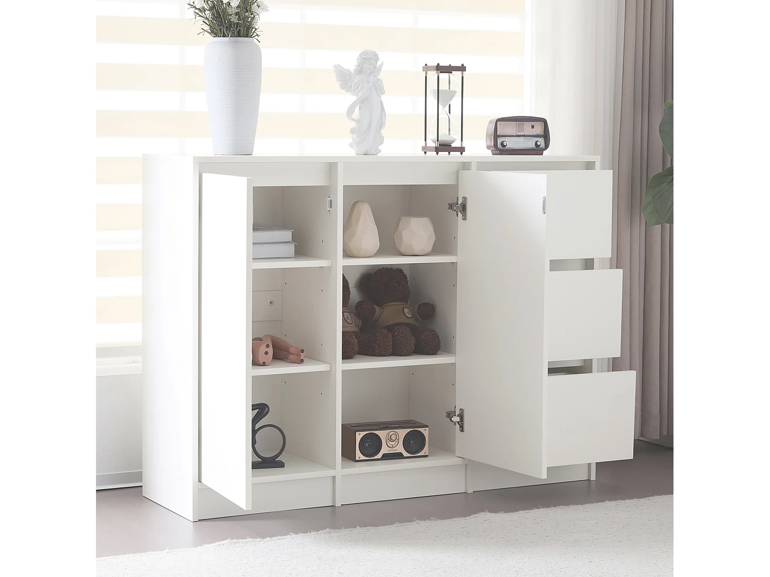 Meuble à chaussures moderne avec grand espace de rangement, 2 portes et 3 tiroirs, étagère réglable, blanc (120x35x90 cm)