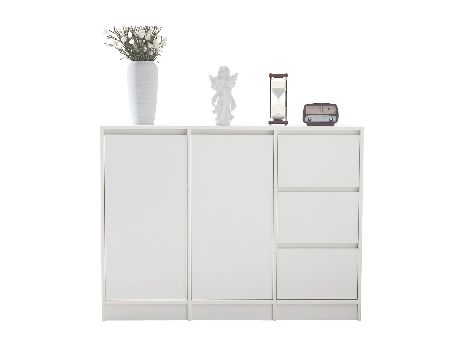 Meuble à chaussures moderne avec grand espace de rangement, 2 portes et 3 tiroirs, étagère réglable, blanc (120x35x90 cm)