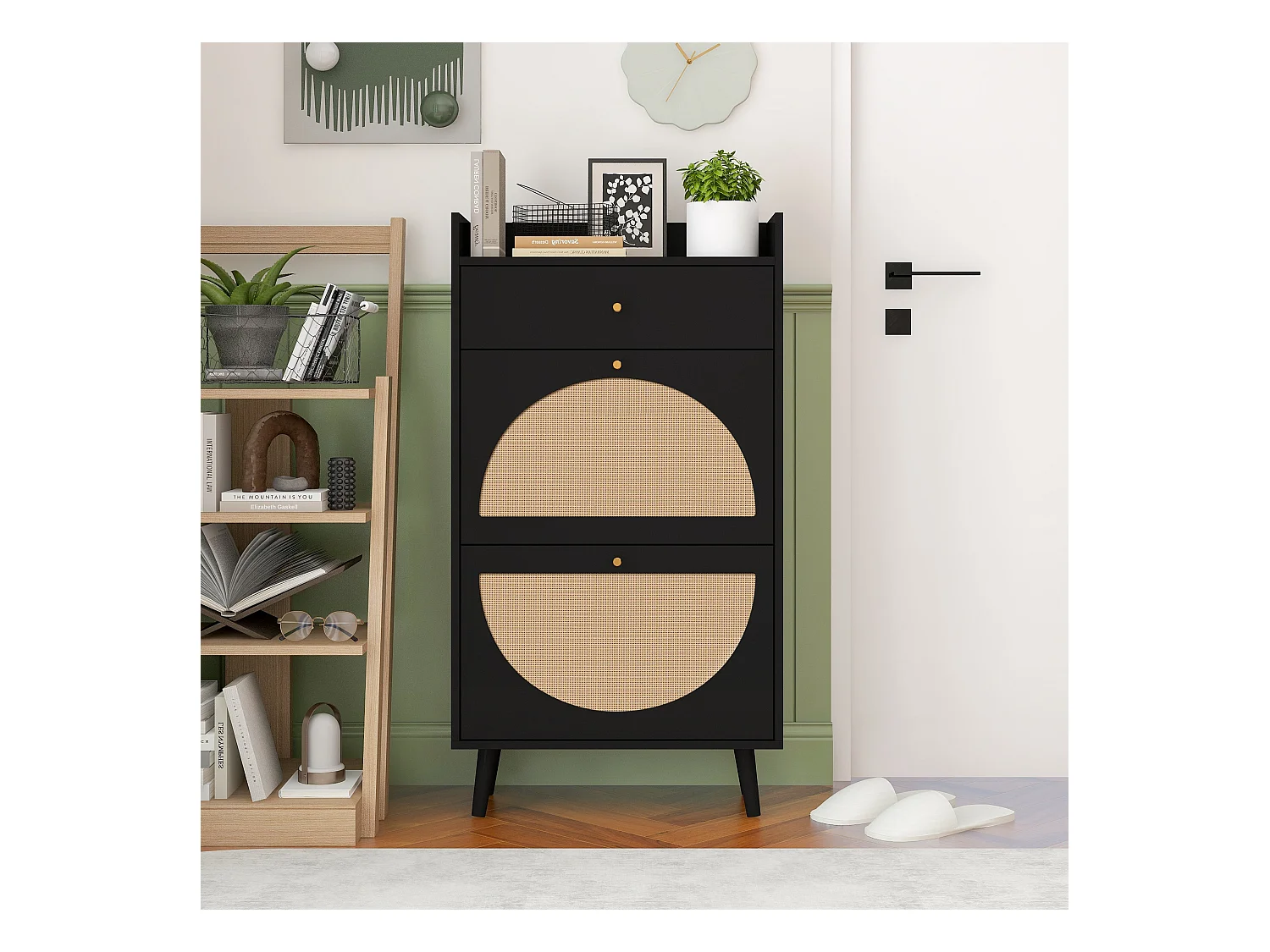 Meuble à chaussures avec deux portes et un tiroir, aspect rotin, design noir, MDF (60x24x110 cm)