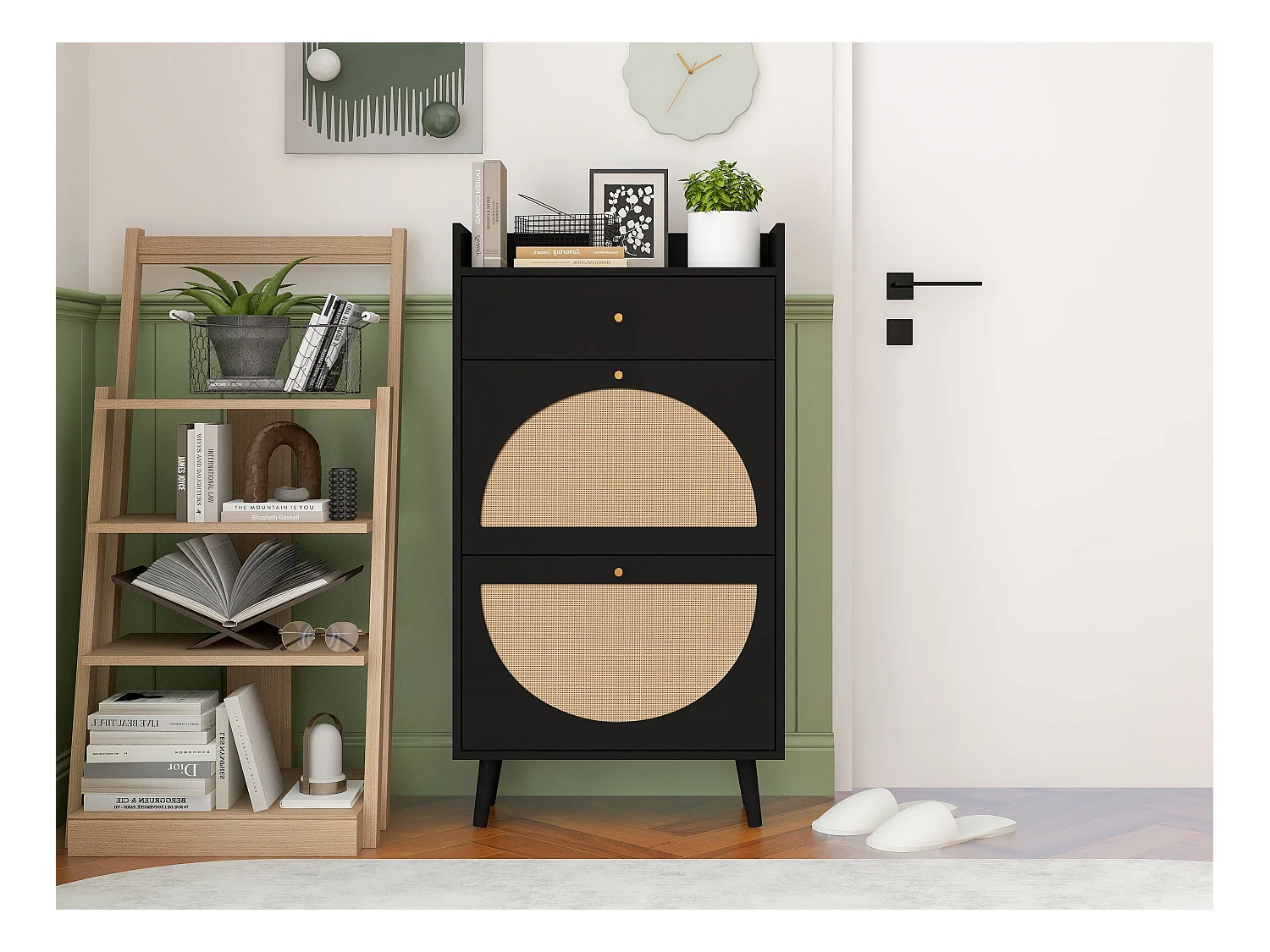 Meuble à chaussures avec deux portes et un tiroir, aspect rotin, design noir, MDF (60x24x110 cm)