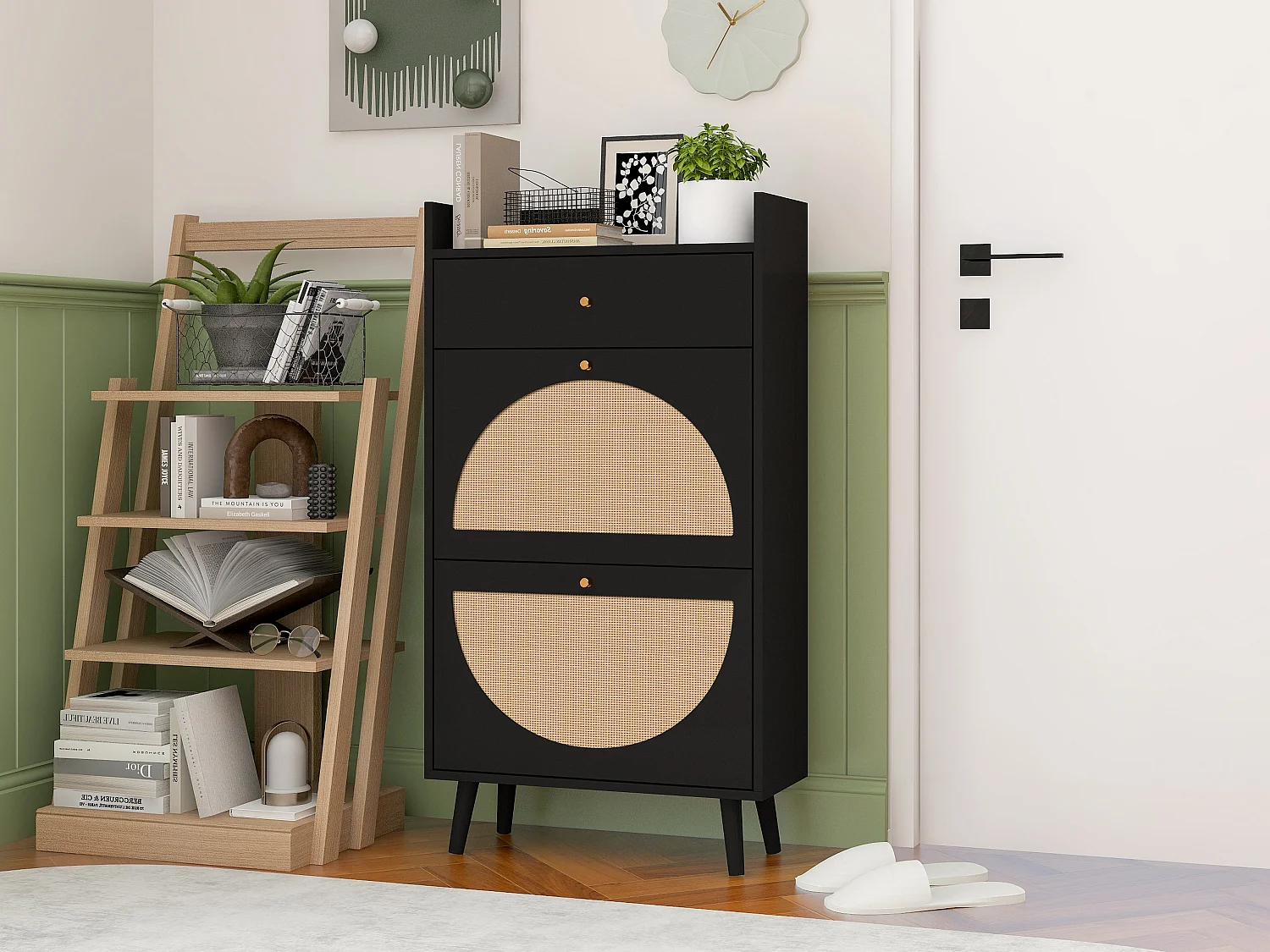 Meuble à chaussures avec deux portes et un tiroir, aspect rotin, design noir, MDF (60x24x110 cm)