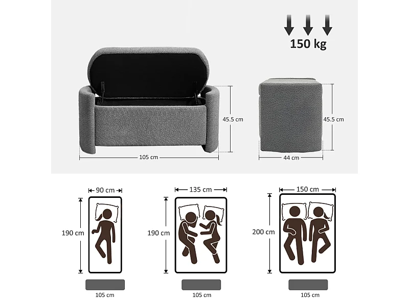 Banc de rangement avec couvercle, design moderne, en bois, gris, (105x44x45.5 cm)