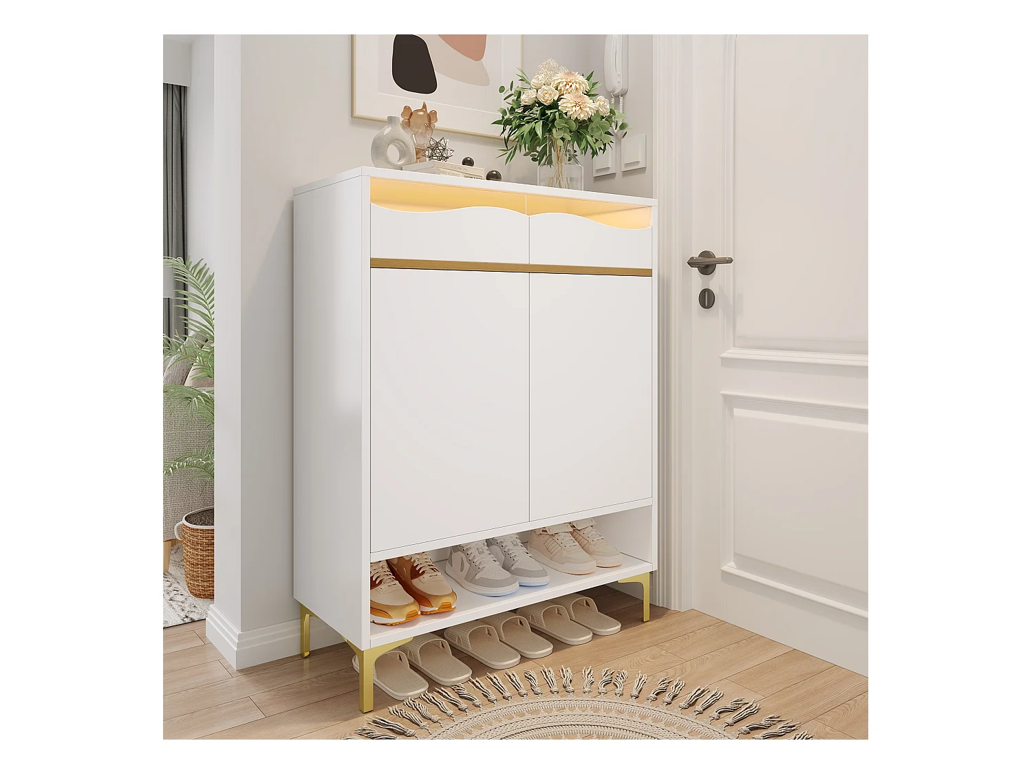 Meuble à chaussures blanc - Meuble à chaussures avec 2 portes et 2 tiroirs - éclairage LED et rangement ouvert - pour salons et entrées