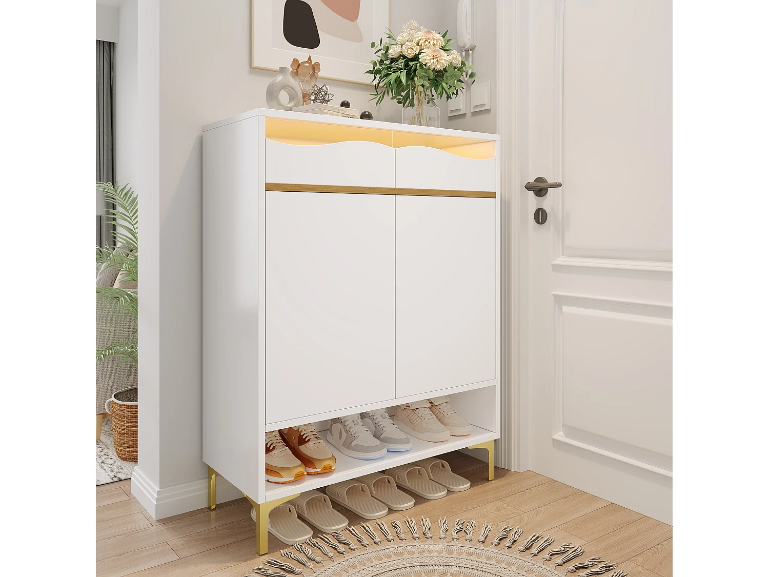 Meuble à chaussures blanc - Meuble à chaussures avec 2 portes et 2 tiroirs - éclairage LED et rangement ouvert - pour salons et entrées