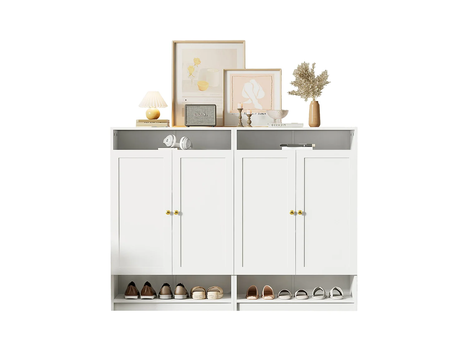 Meuble à chaussures moderne avec 2 portes et étagères réglables, MDF, blanc (146x34x109 cm)