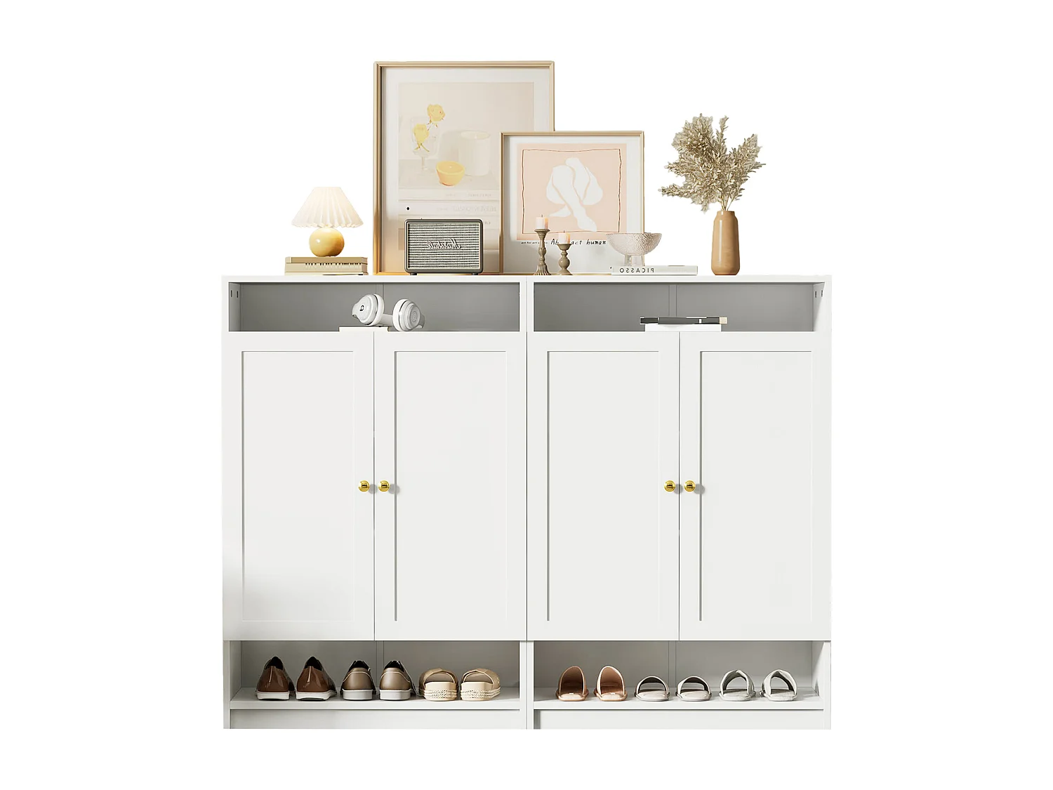 Meuble à chaussures moderne avec 2 portes et étagères réglables, MDF, blanc (146x34x109 cm)