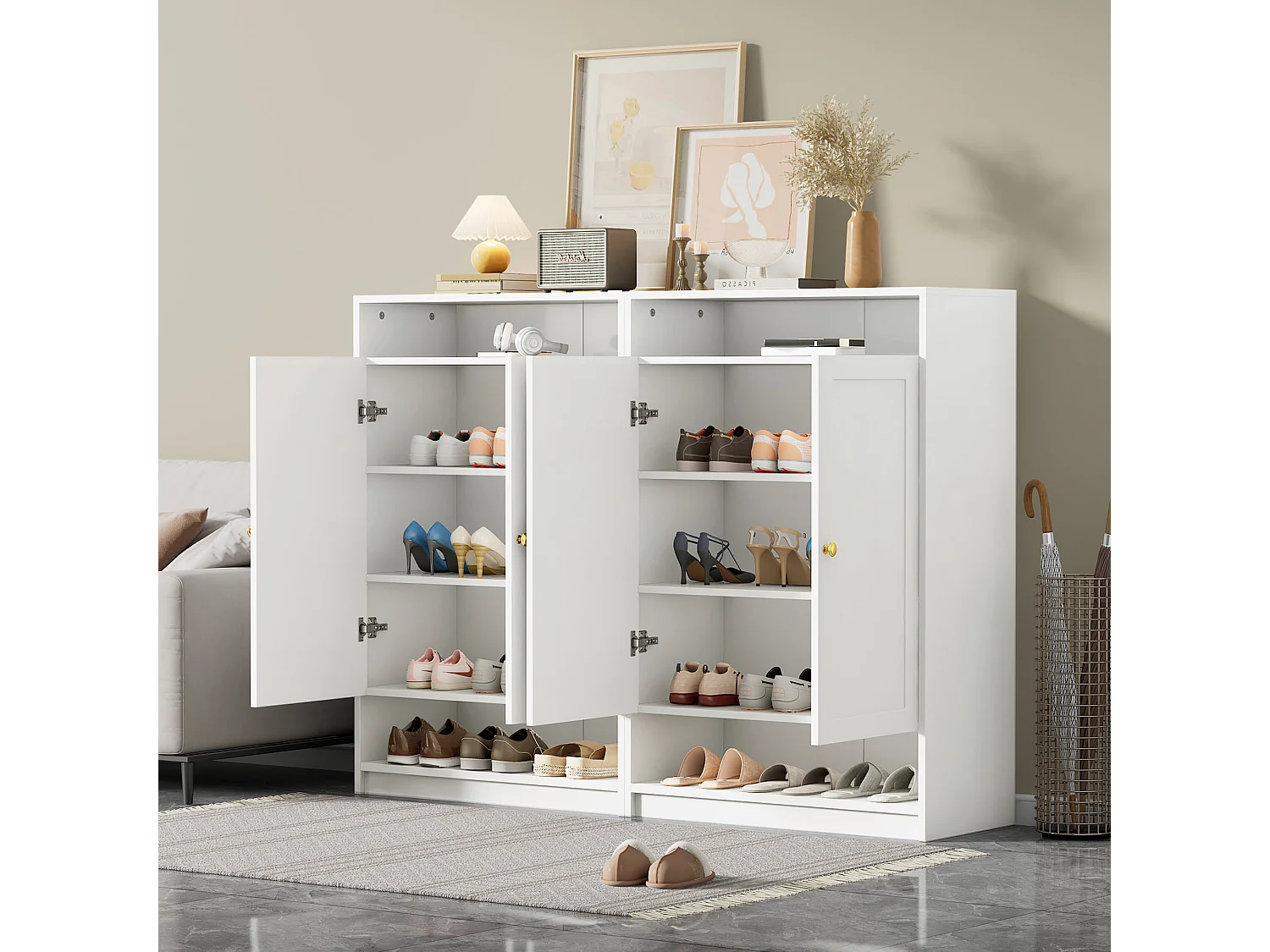 Meuble à chaussures moderne avec 2 portes et étagères réglables, MDF, blanc (146x34x109 cm)