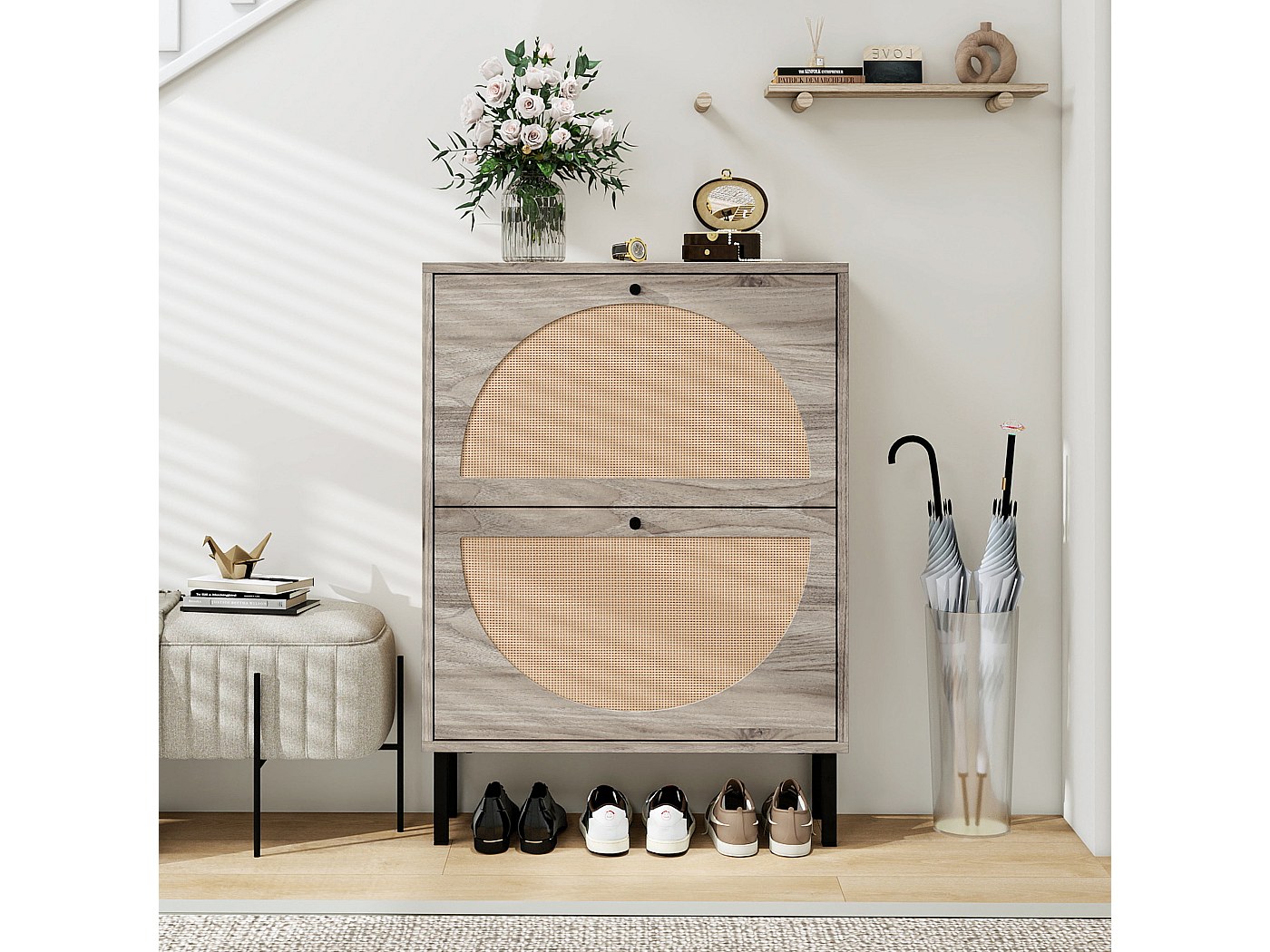 ZORZA Rotan schoenenkast, schoenenrek met 3 vakken, schoenenrek voor 24 paar, schoenenstandaard voor hal, entree, natuurlijk rubberhout, 83 x 24 x 120 cm, origineel hout