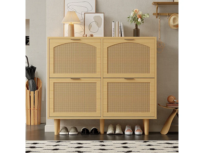 Schoenenkast met 4 uitklapbare lades, rotan design, metalen handgrepen, wit (100x25x90 cm)