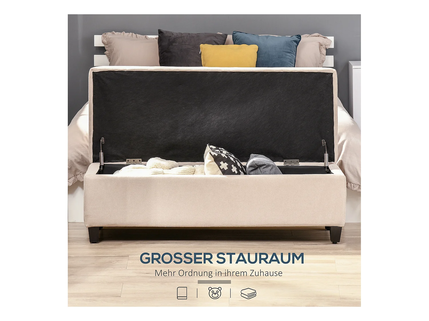 Banc de rangement rembourré, aspect lin, avec coffre intégré, beige (125x49x41.5 cm)