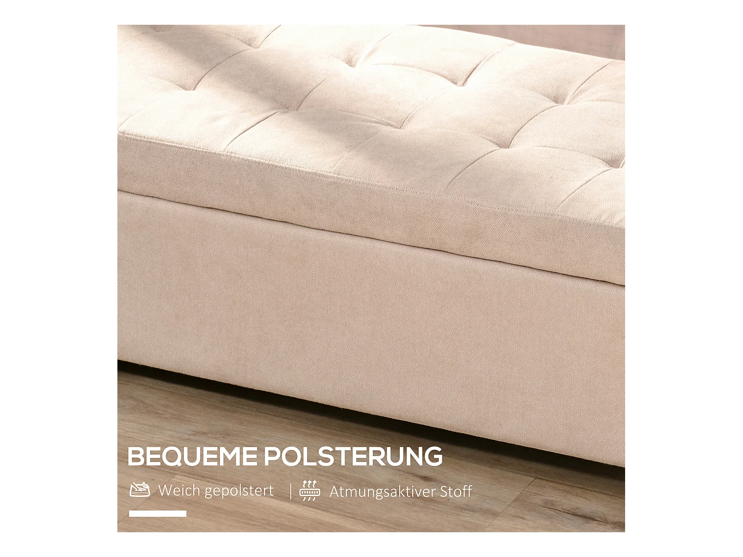 Banc de rangement rembourré, aspect lin, avec coffre intégré, beige (125x49x41.5 cm)