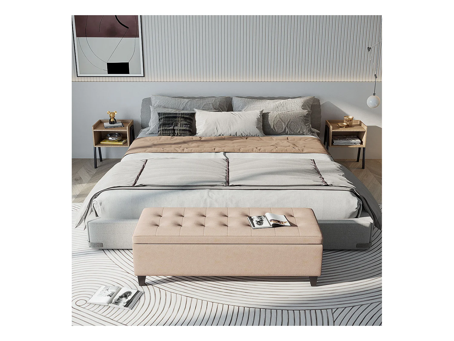 Banc de rangement rembourré, aspect lin, avec coffre intégré, beige (125x49x41.5 cm)