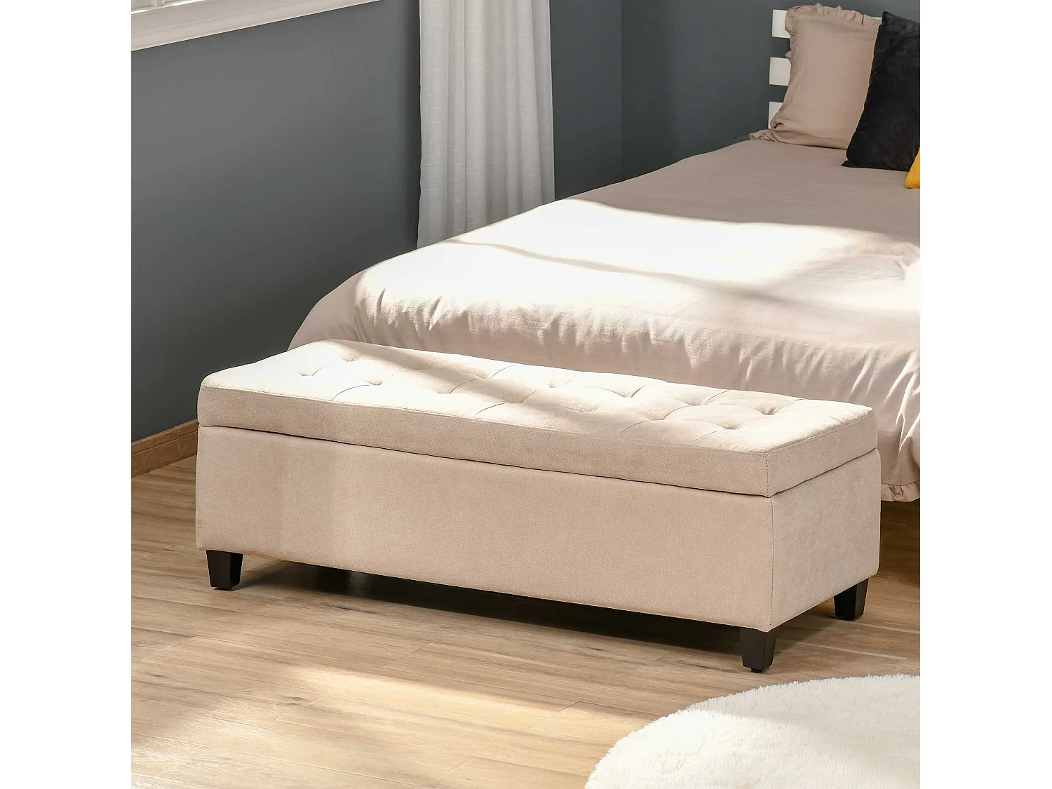 Banc de rangement rembourré, aspect lin, avec coffre intégré, beige (125x49x41.5 cm)