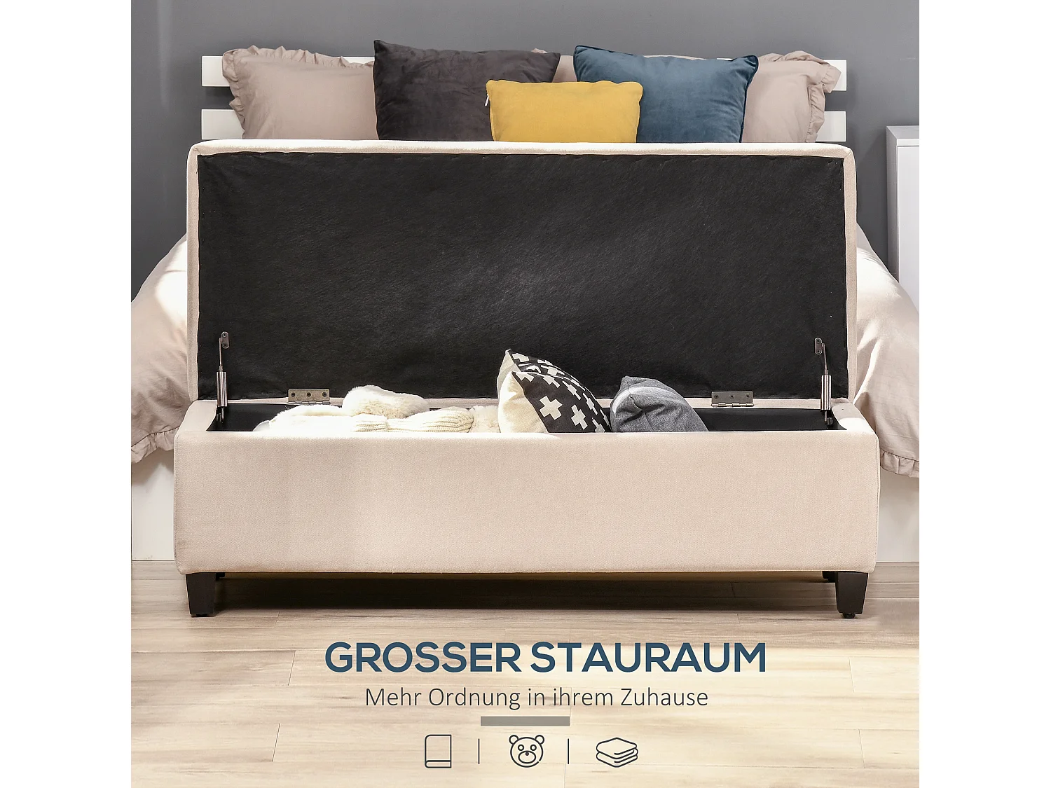 Banc de rangement rembourré, aspect lin, avec coffre intégré, beige (125x49x41.5 cm)