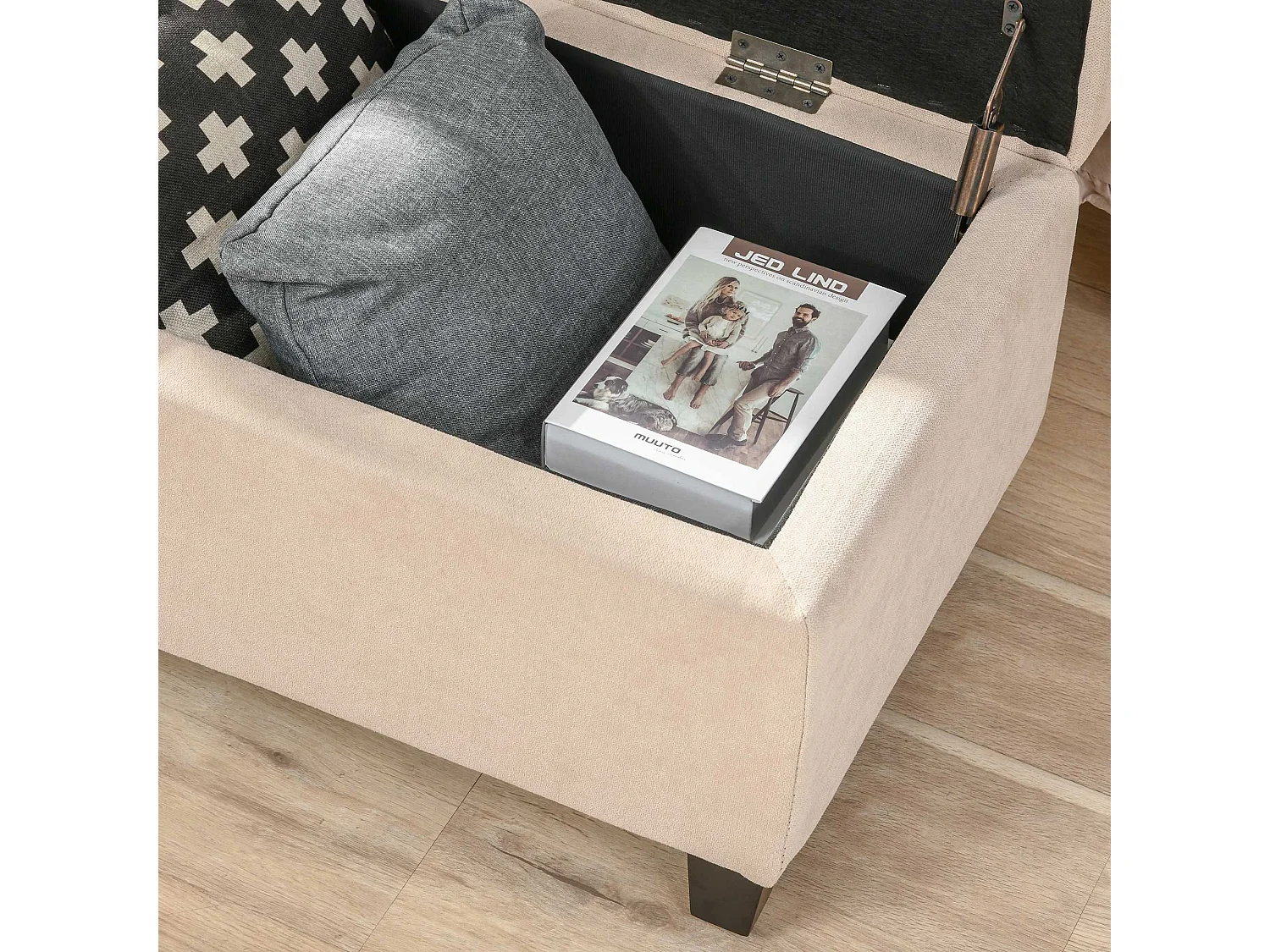 Banc de rangement rembourré, aspect lin, avec coffre intégré, beige (125x49x41.5 cm)