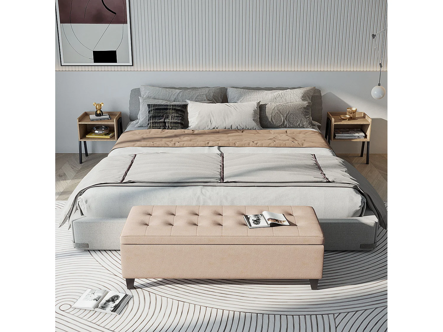 Banc de rangement rembourré, aspect lin, avec coffre intégré, beige (125x49x41.5 cm)