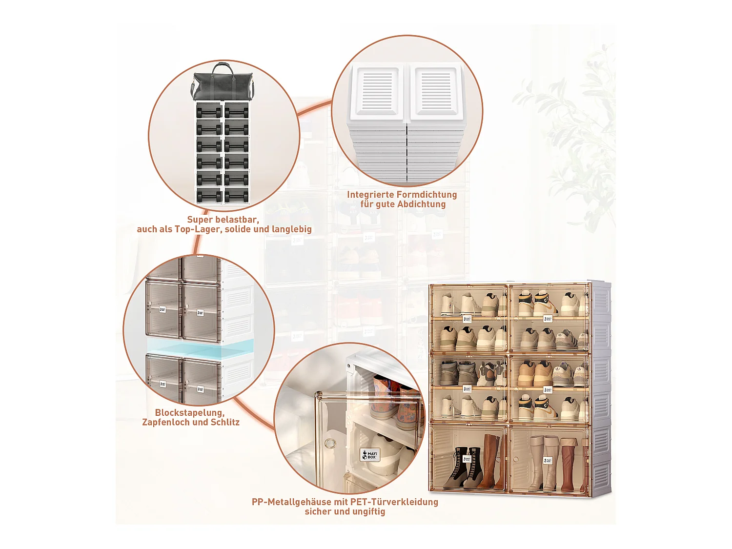 Meuble à chaussures portable avec portes et étagères, rangement empilable, boîte à chaussures pour placard, PP, marron et blanc (85x34x104 cm)