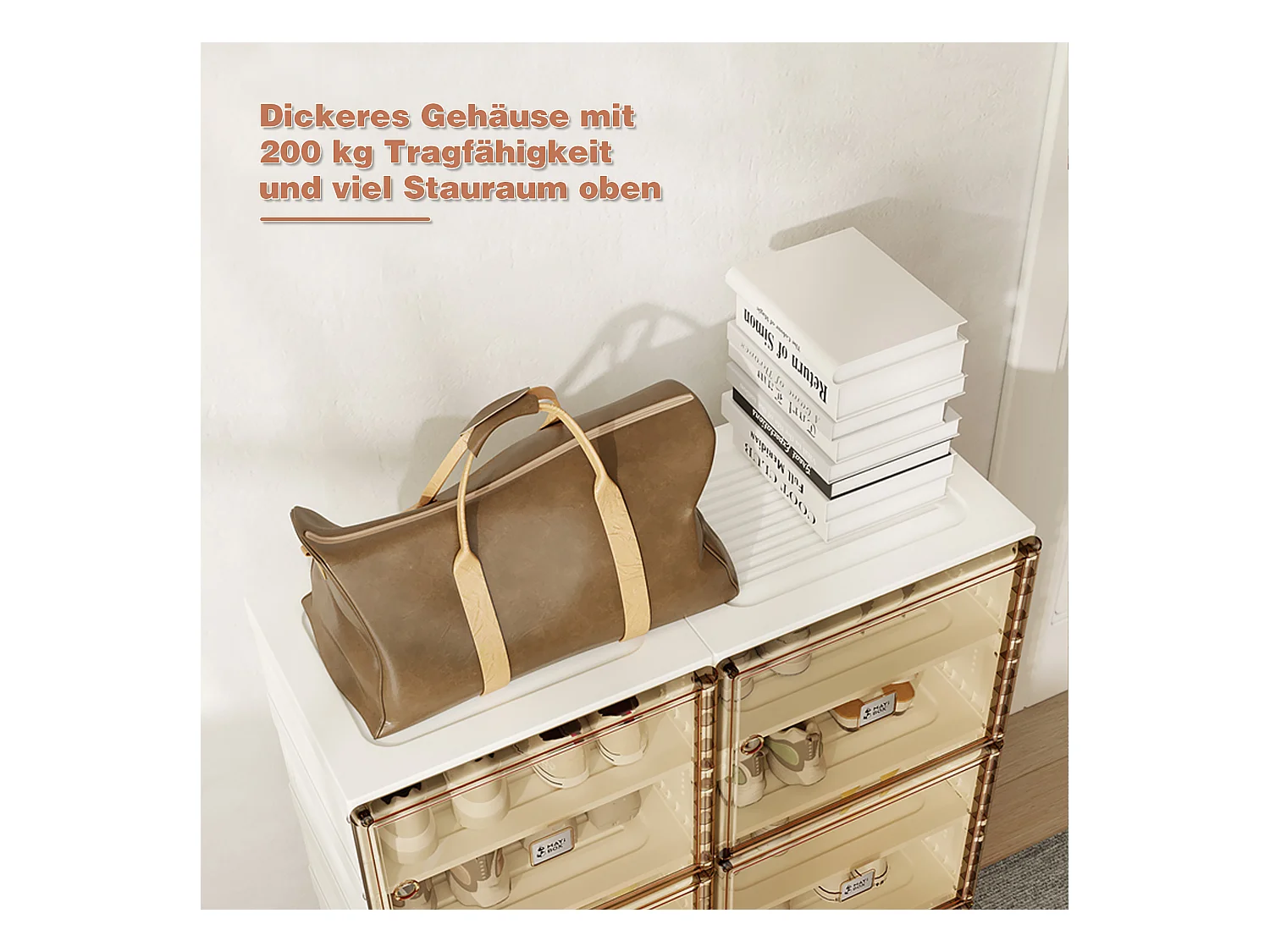 Meuble à chaussures portable avec portes et étagères, rangement empilable, boîte à chaussures pour placard, PP, marron et blanc (85x34x104 cm)