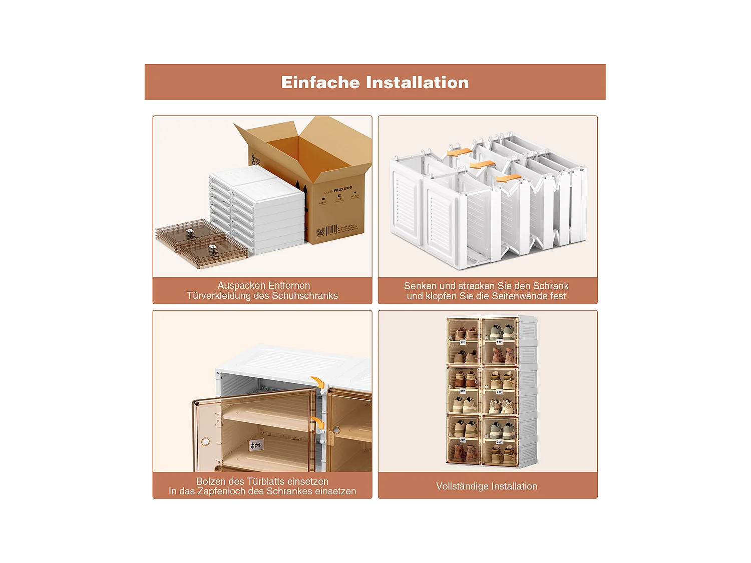 Meuble à chaussures portable avec portes et étagères, rangement empilable, boîte à chaussures pour placard, PP, marron et blanc (85x34x104 cm)