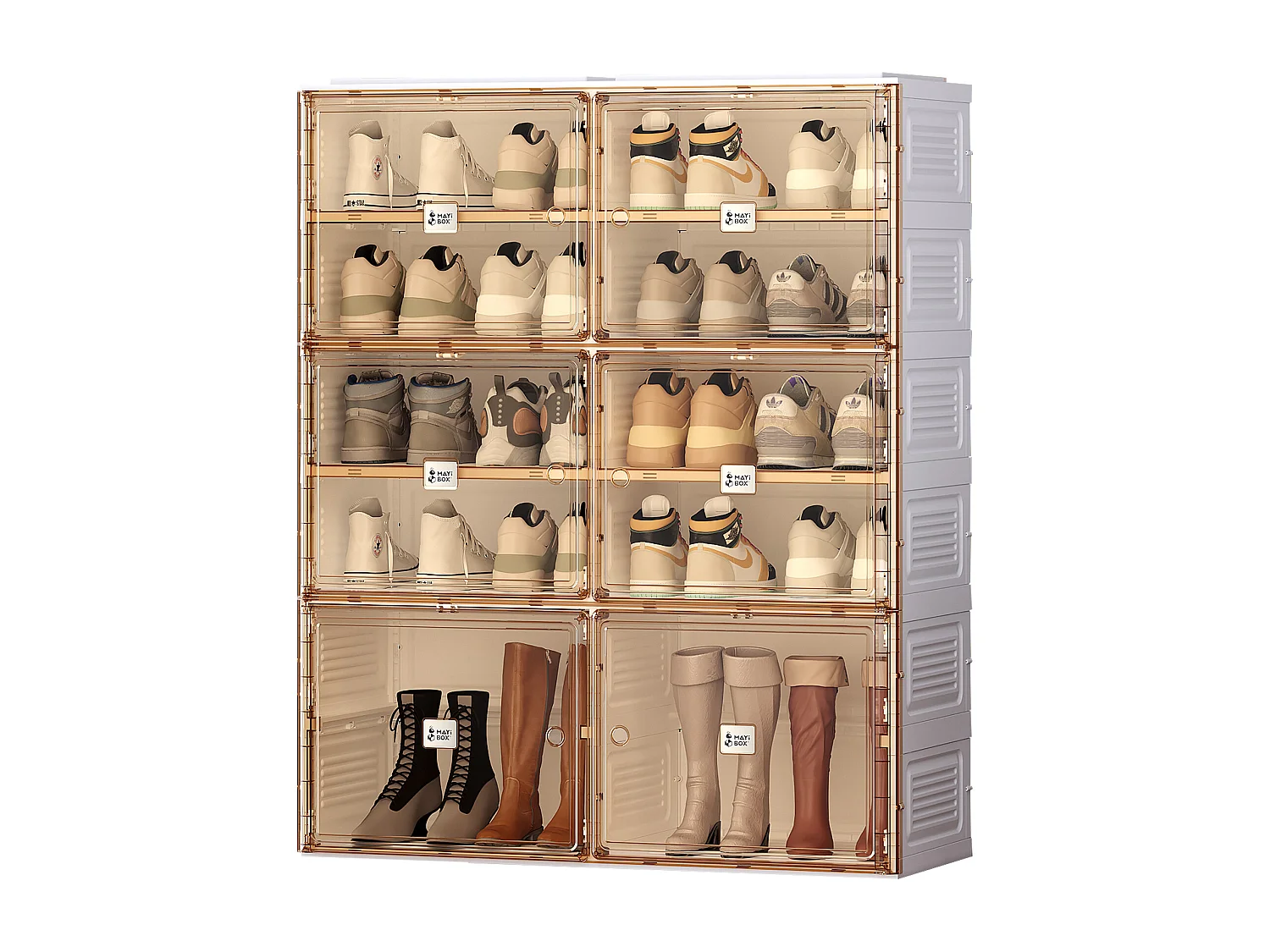 Meuble à chaussures portable avec portes et étagères, rangement empilable, boîte à chaussures pour placard, PP, marron et blanc (85x34x104 cm)