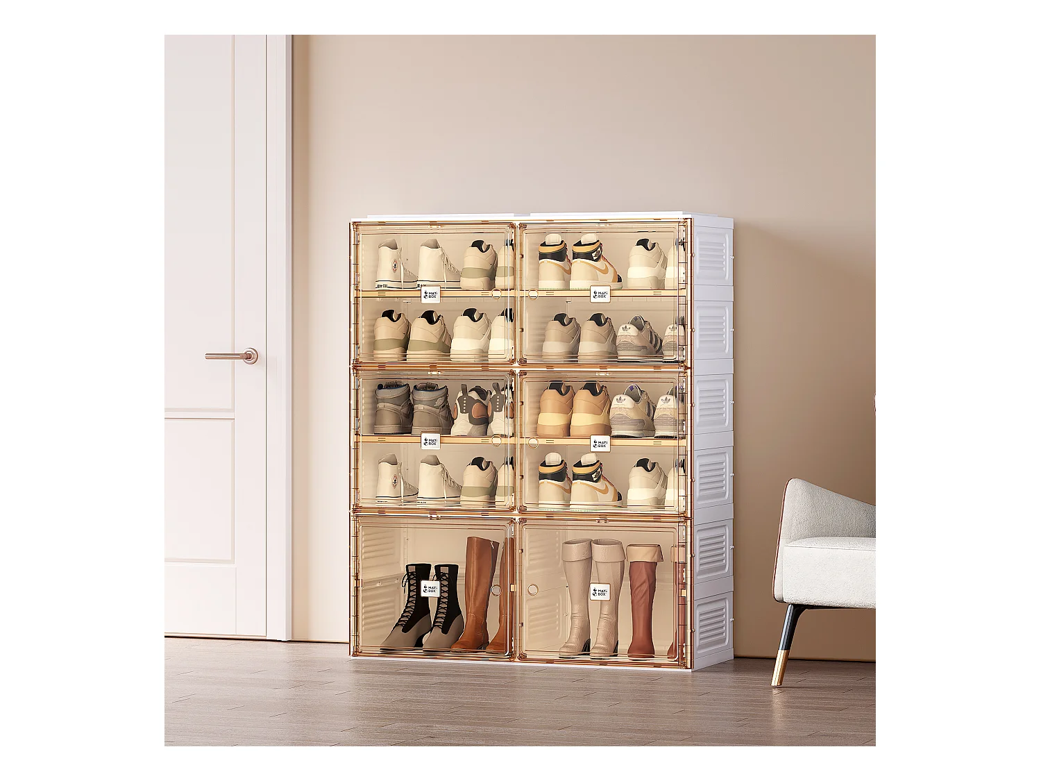 Draagbare schoenenkast met deuren en planken, stapelbare opbergruimte, schoenendoos voor kast, PP, bruin en wit (85x34x104 cm)