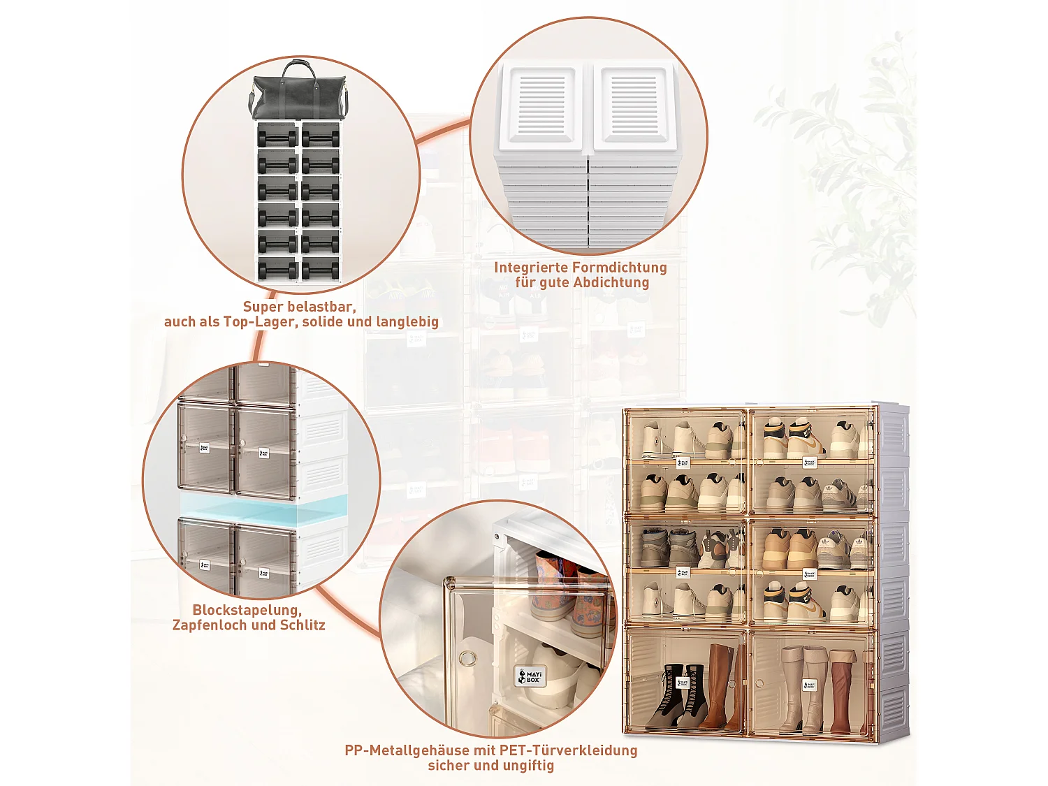 Zapatero portátil con puertas y estantes, apilable, caja de zapatos para armario, PP, marrón y blanco (85 x 34 x 104 cm)