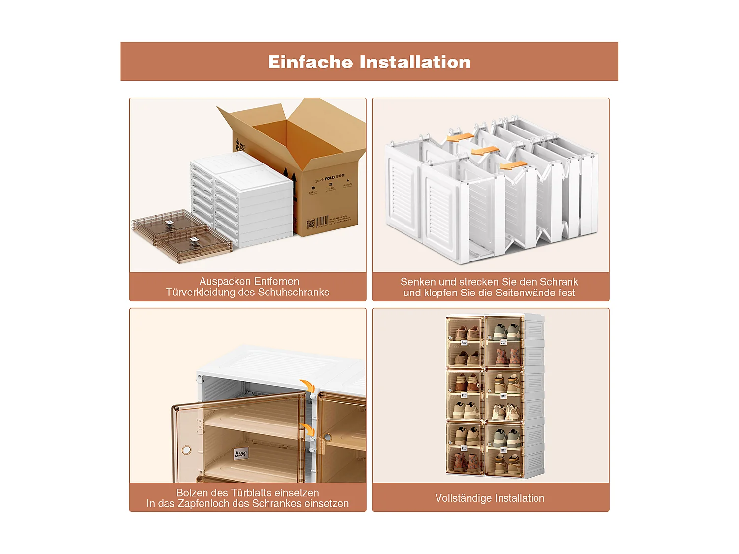 Zapatero portátil con puertas y estantes, apilable, caja de zapatos para armario, PP, marrón y blanco (85 x 34 x 104 cm)