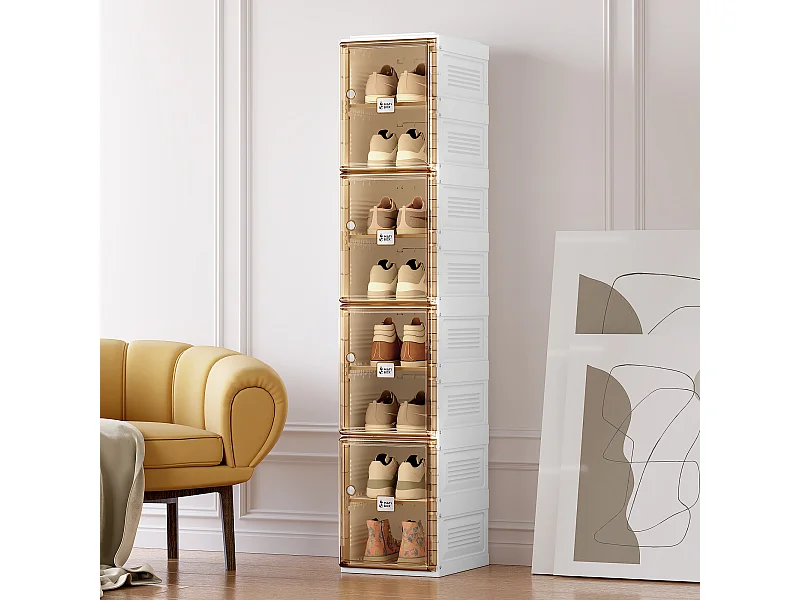 Cabinet à chaussures portable, organisateur empilable avec portes et étagères, matériau PP, marron et blanc (27x34x164 cm)