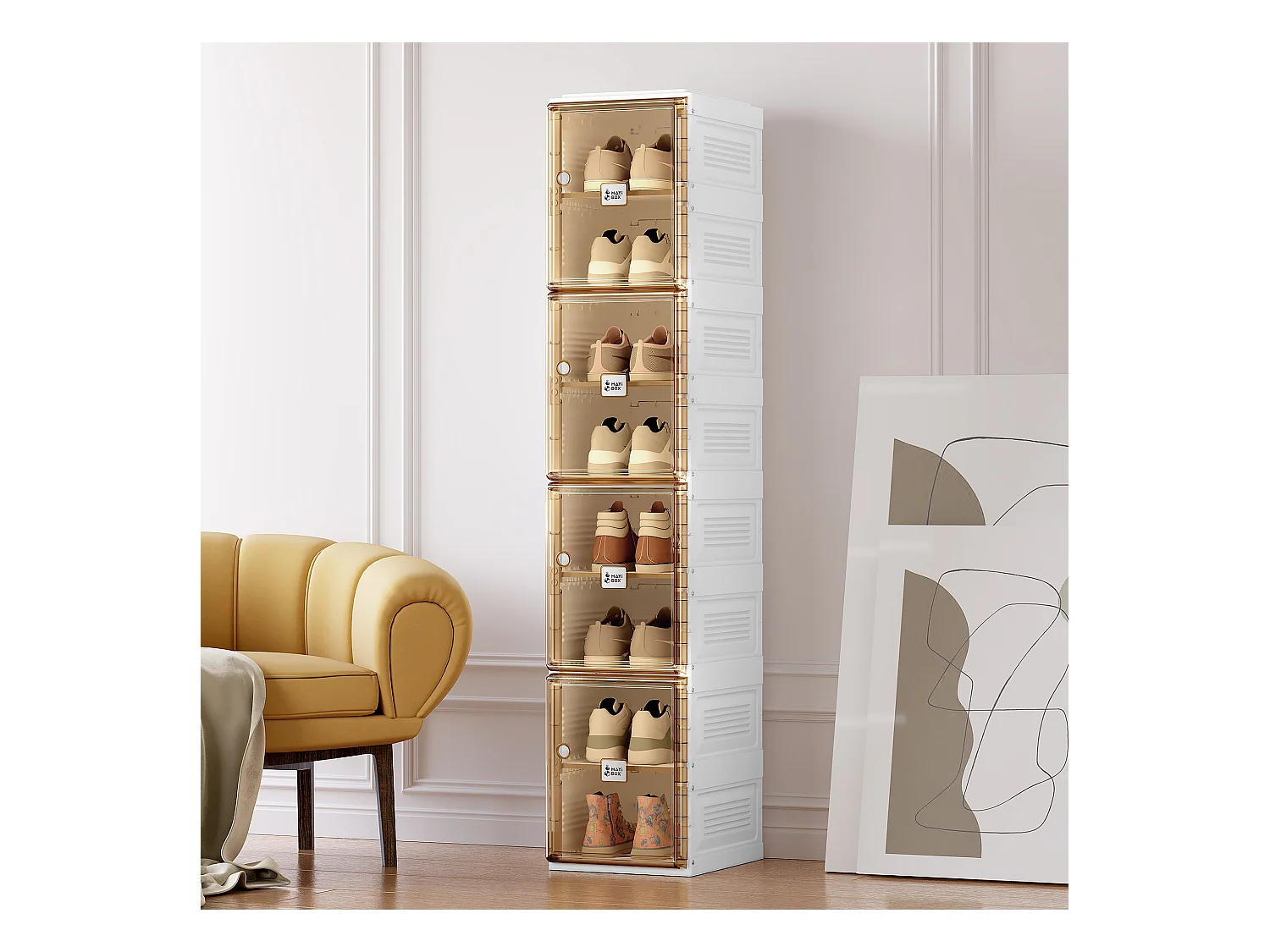 Cabinet à chaussures portable, organisateur empilable avec portes et étagères, matériau PP, marron et blanc (27x34x164 cm)