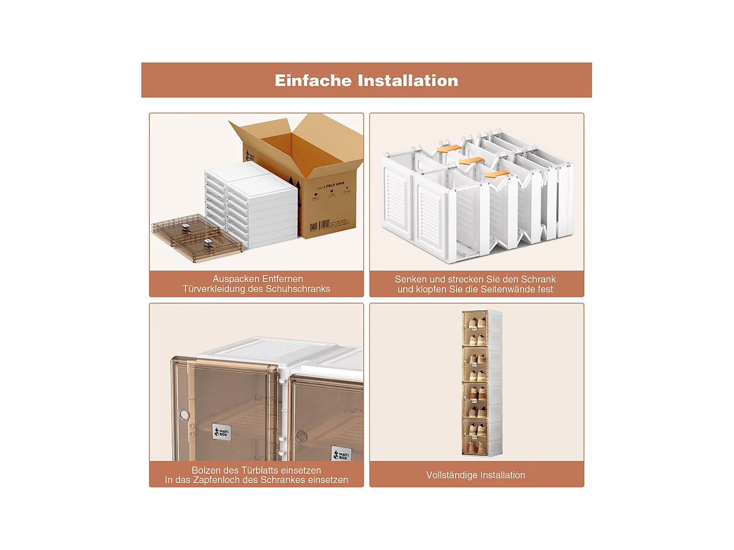 Cabinet à chaussures portable, organisateur empilable avec portes et étagères, matériau PP, marron et blanc (27x34x164 cm)