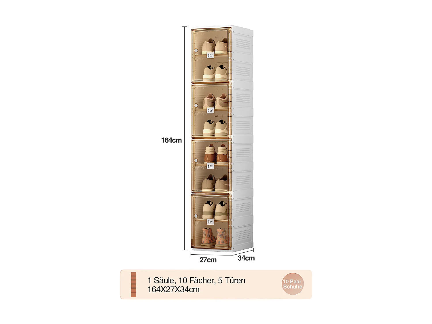 Cabinet à chaussures portable, organisateur empilable avec portes et étagères, matériau PP, marron et blanc (27x34x164 cm)