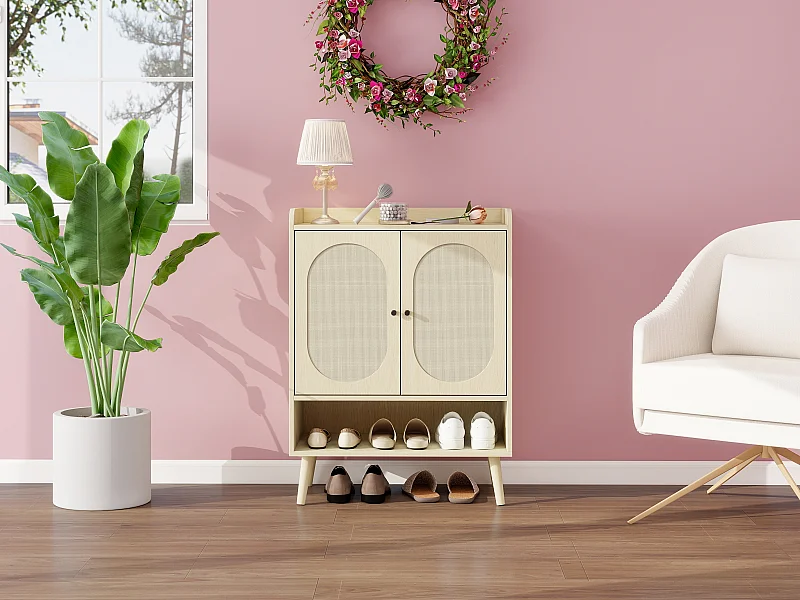 Meuble à chaussures avec portes en rotin, étagères réglables, design moderne, bois naturel, (68x35x90 cm)