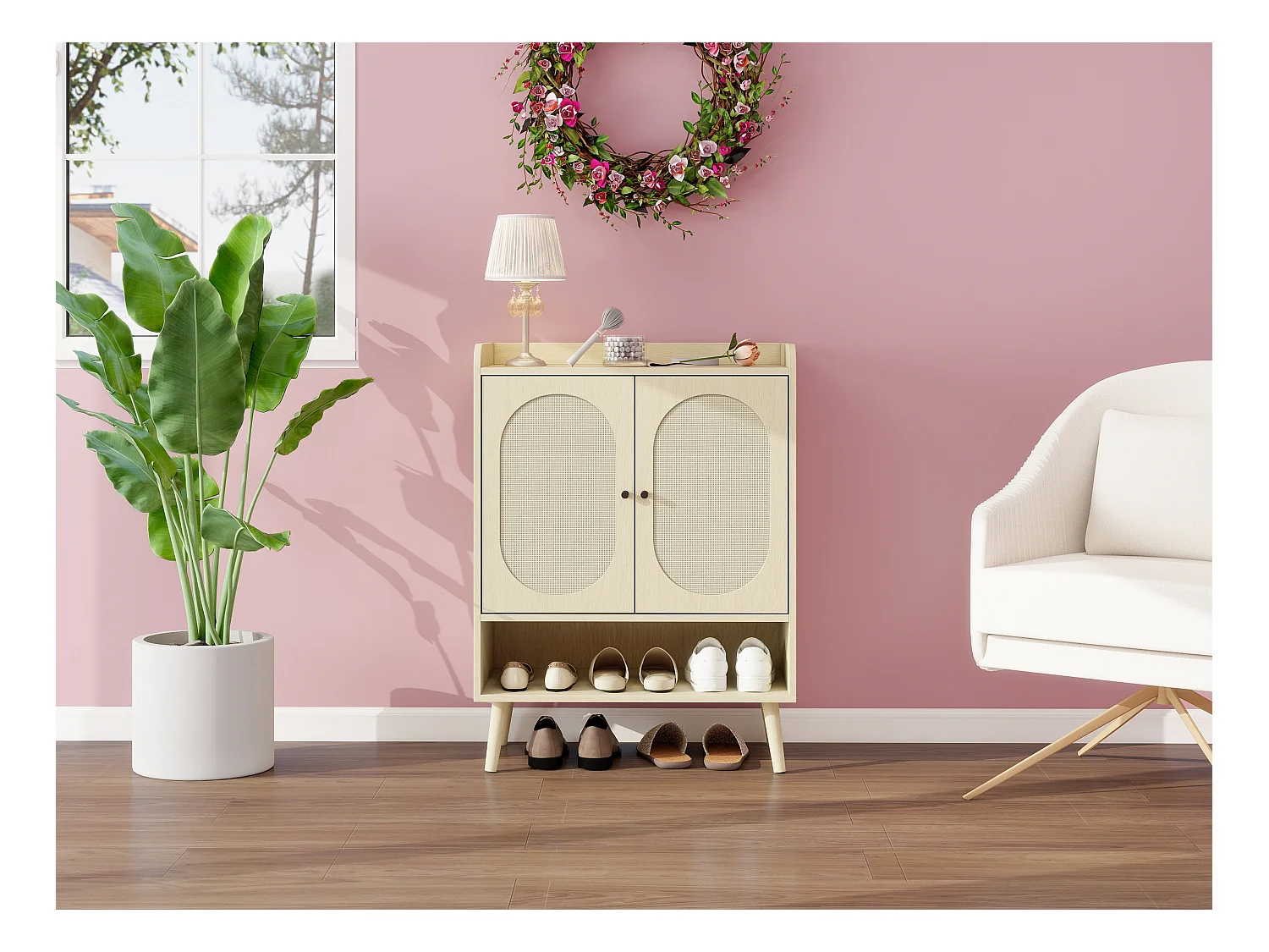 Meuble à chaussures avec portes en rotin, étagères réglables, design moderne, bois naturel, (68x35x90 cm)