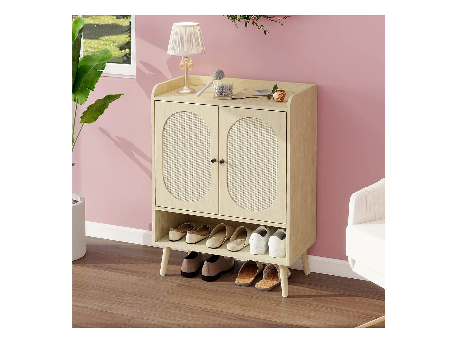 Meuble à chaussures avec portes en rotin, étagères réglables, design moderne, bois naturel, (68x35x90 cm)