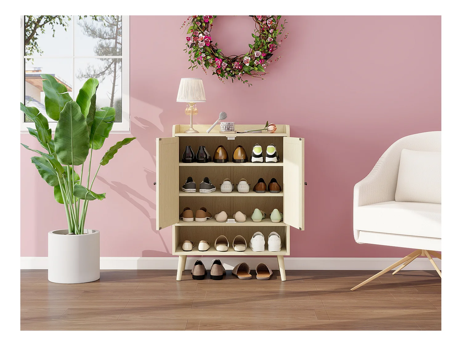 Meuble à chaussures avec portes en rotin, étagères réglables, design moderne, bois naturel, (68x35x90 cm)