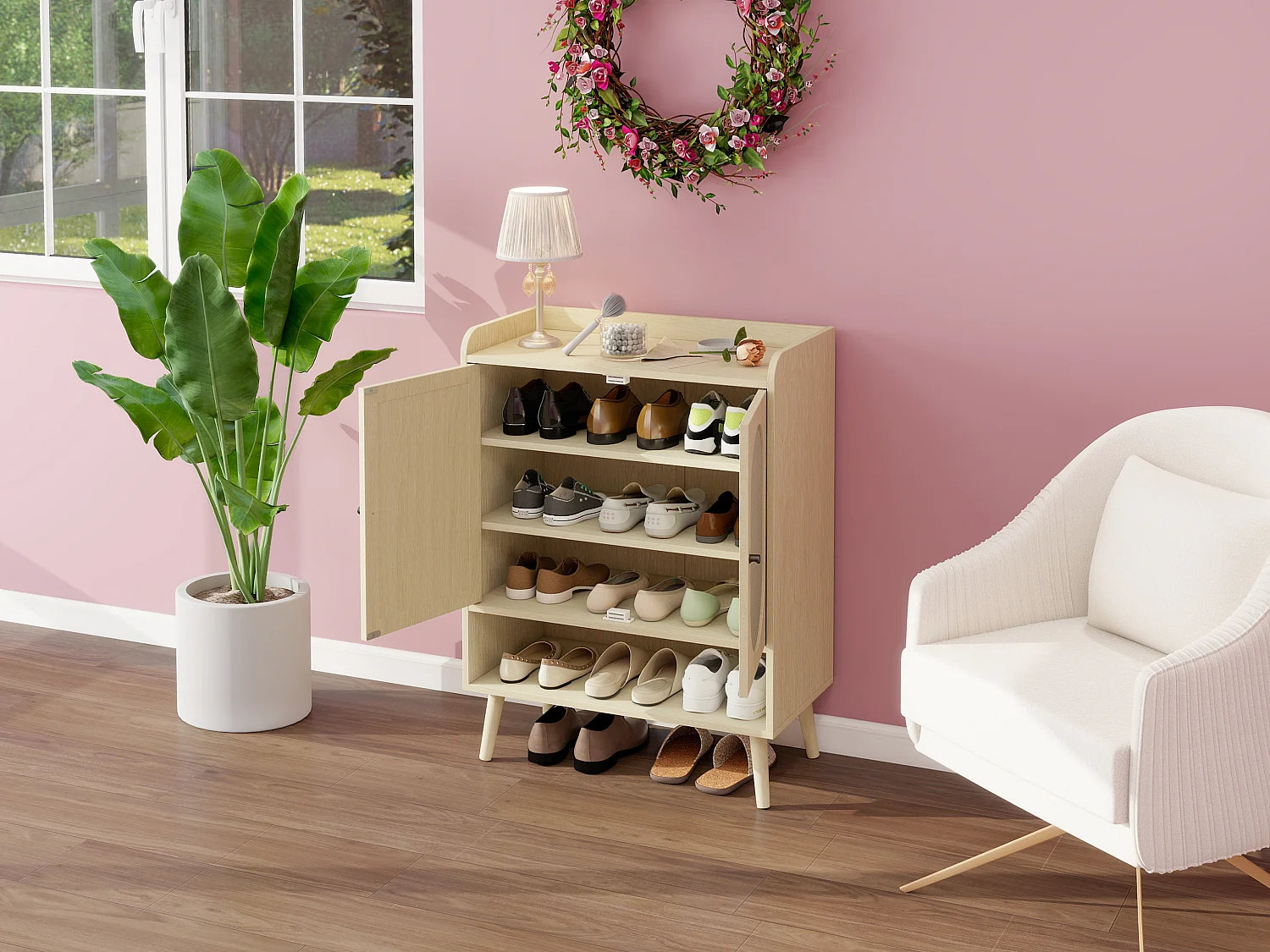 Meuble à chaussures avec portes en rotin, étagères réglables, design moderne, bois naturel, (68x35x90 cm)