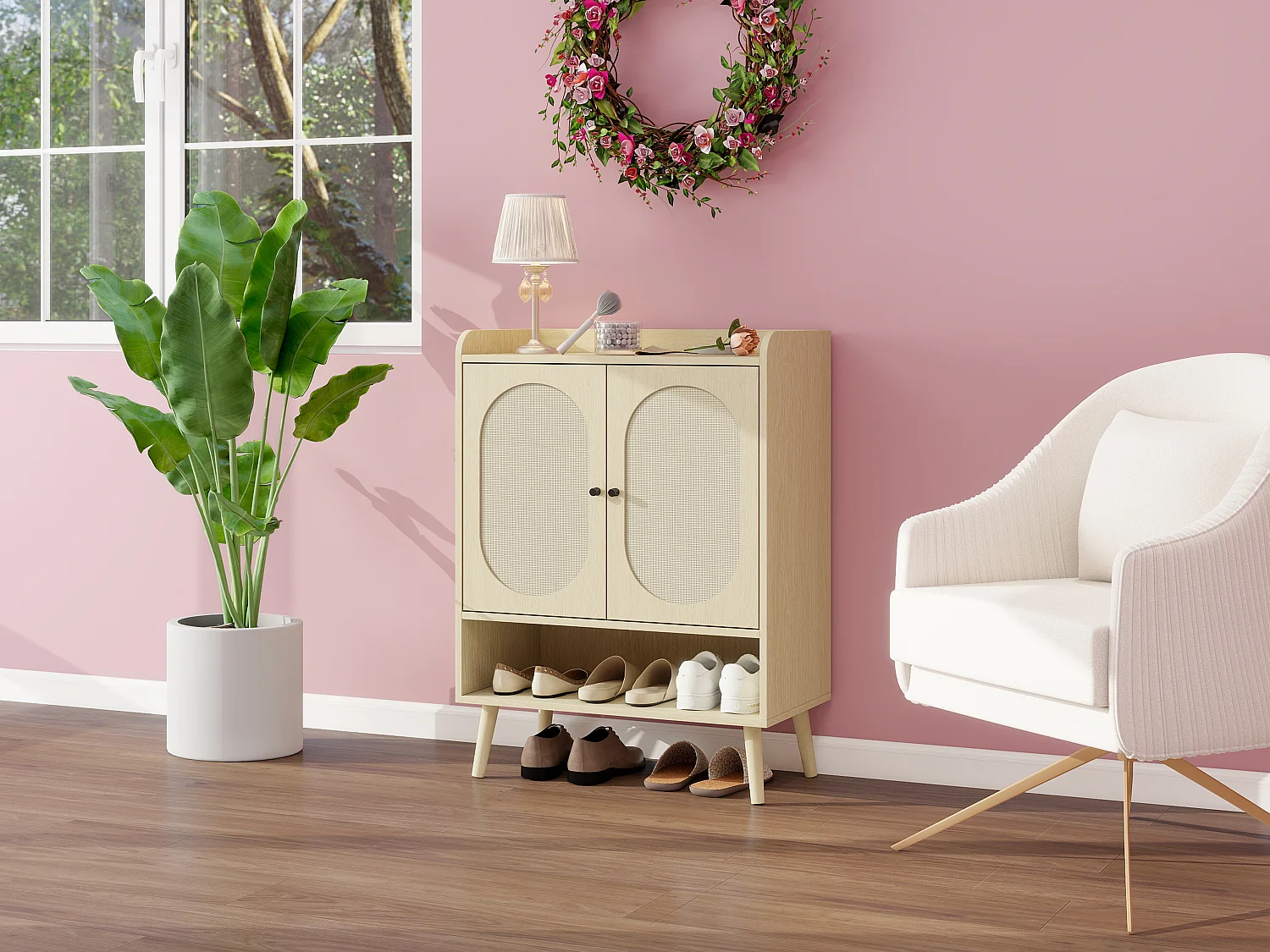 Meuble à chaussures avec portes en rotin, étagères réglables, design moderne, bois naturel, (68x35x90 cm)