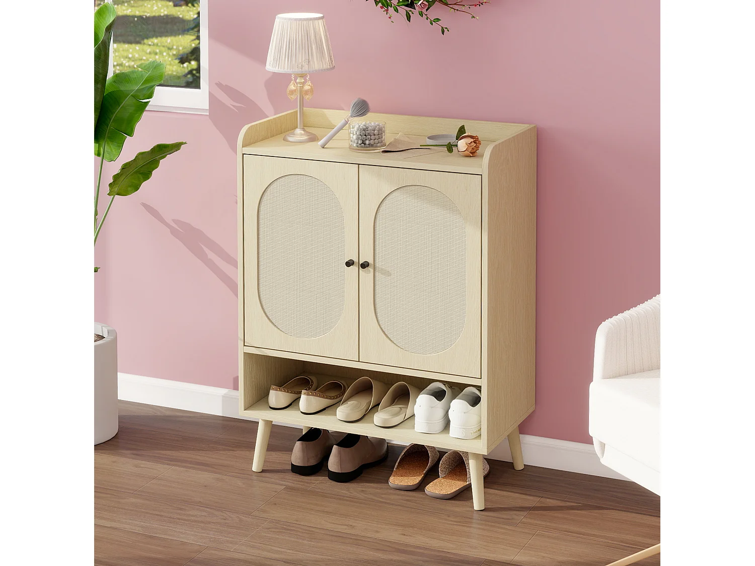 Meuble à chaussures avec portes en rotin, étagères réglables, design moderne, bois naturel, (68x35x90 cm)