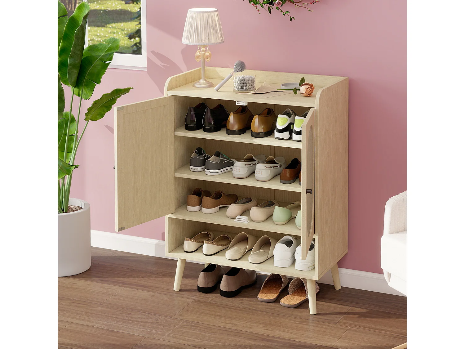 Meuble à chaussures avec portes en rotin, étagères réglables, design moderne, bois naturel, (68x35x90 cm)