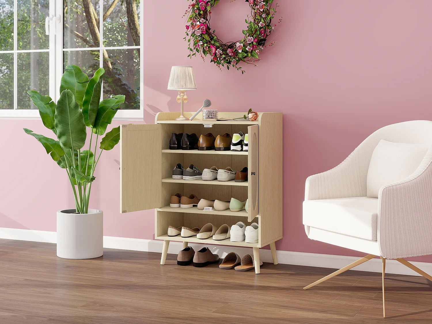 Meuble à chaussures avec portes en rotin, étagères réglables, design moderne, bois naturel, (68x35x90 cm)