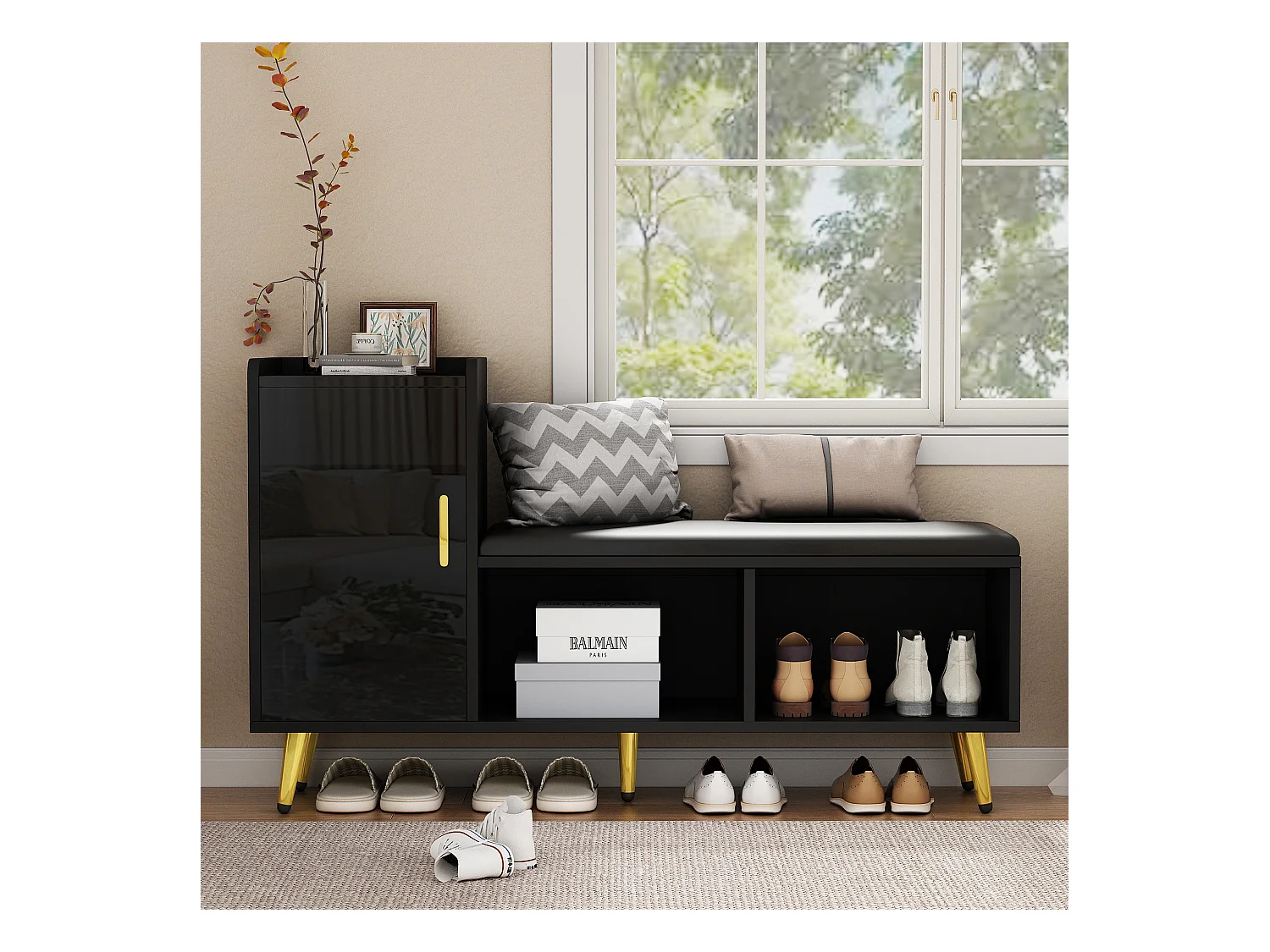 Zapatero con banco y puertas en acabado lacado negro, MDF, con estantes regulables, con cojín y accesorios dorados, (120x35x71,5 cm)