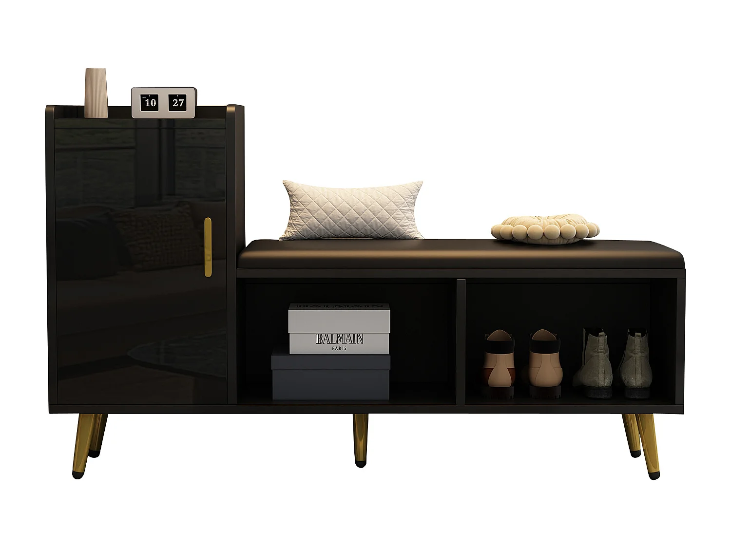 Zapatero con banco y puertas en acabado lacado negro, MDF, con estantes regulables, con cojín y accesorios dorados, (120x35x71,5 cm)