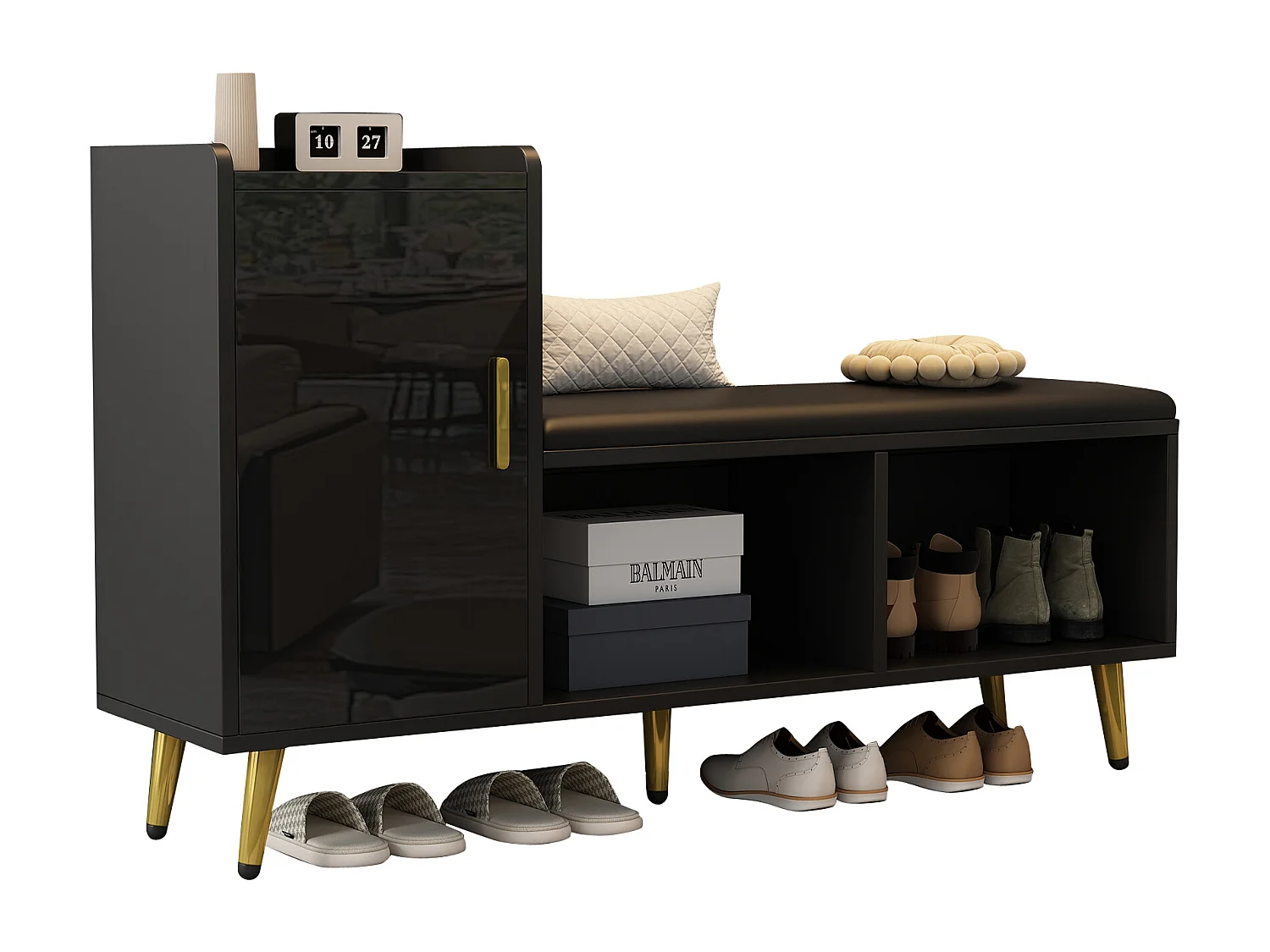Zapatero con banco y puertas en acabado lacado negro, MDF, con estantes regulables, con cojín y accesorios dorados, (120x35x71,5 cm)