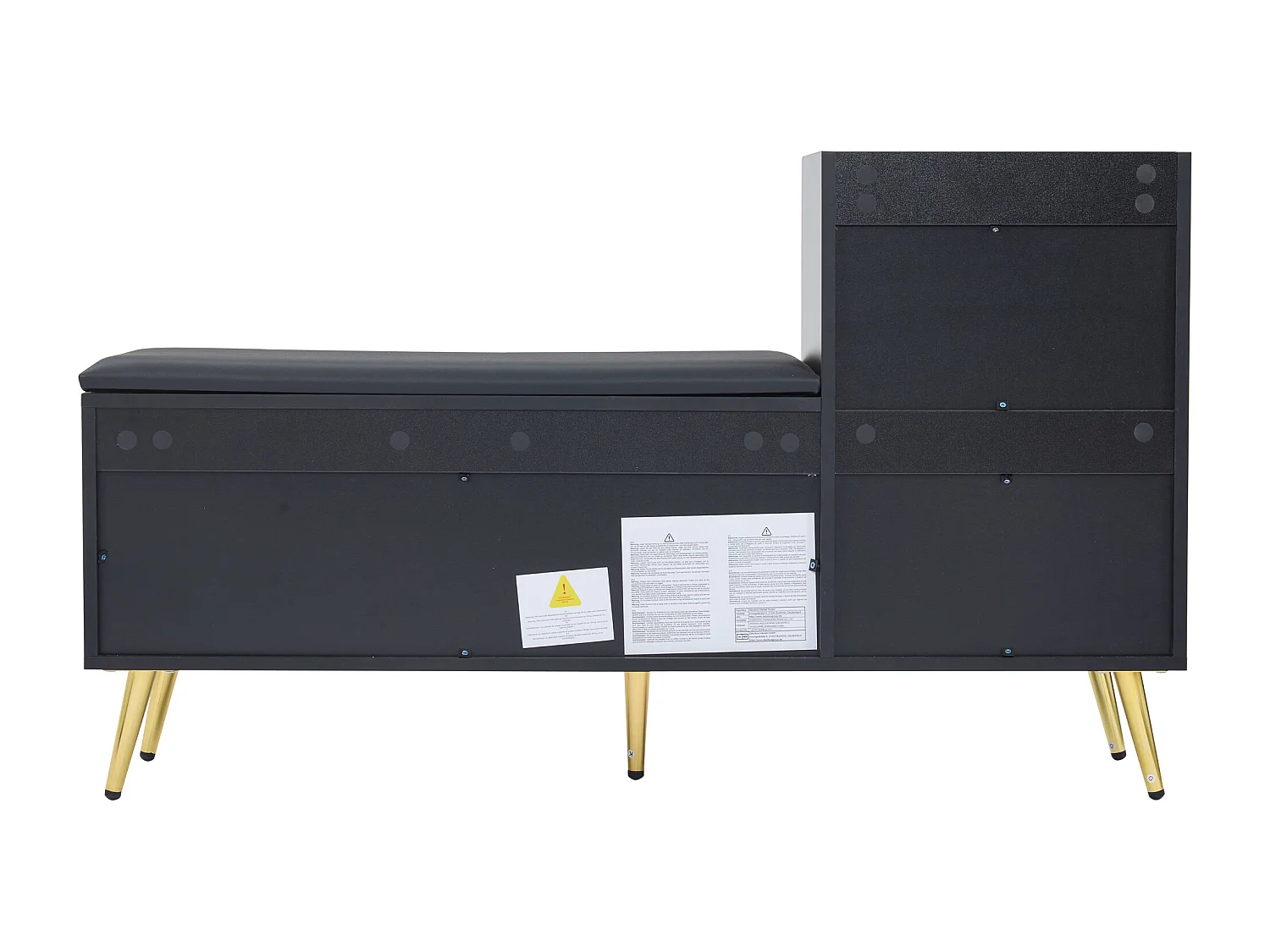 Zapatero con banco y puertas en acabado lacado negro, MDF, con estantes regulables, con cojín y accesorios dorados, (120x35x71,5 cm)